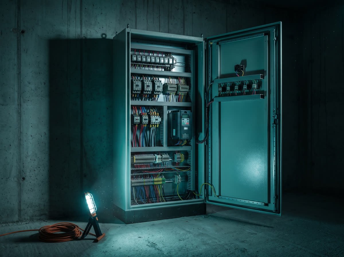Quadro de comando de elevador aberto à noite, mostrando relés, contatoras e o chicote de fiação.